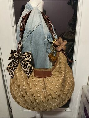 Tan Monogram Crescent Shoulder Bag with Brown Trim
